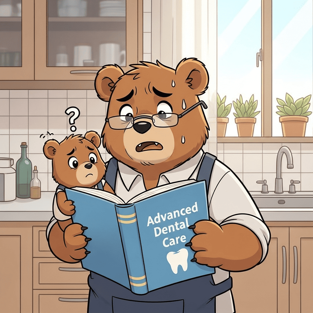 A confused parent looking at a dental book